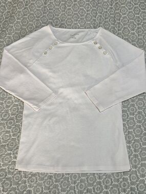 Talbots White Cotton Three-Quarter Sleeve Button Shoulder Knit Top